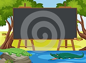 Blackboard template with crocodiles swimming in the park