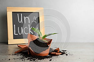 Blackboard with word UNLUCKY and plant in broken pot on stone table, space for text