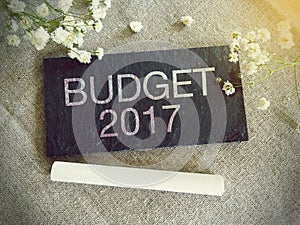 Blackboard for your text and flowers with words Budget 2017