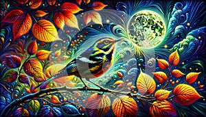 Blackburnian Warble Bird with Autumn Leaves Under Full Moon photo