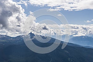 Blackcomb mountain peak panorama view cloudy sky summer time.