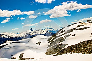 Blackcomb mountain peak panorama view cloudy sky summer time. Blackcomb mountain peak panorama view cloudy sky summer time