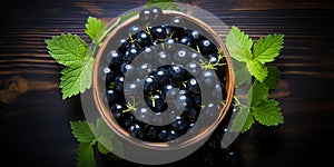 Blackcurrant banner. Bowl full of blackcurrant. Close-up food photography background