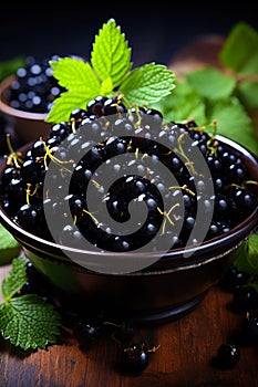 Blackcurrant banner. Bowl full of blackcurrant. Close-up food photography background