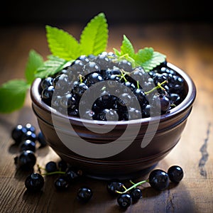 Blackcurrant banner. Bowl full of blackcurrant. Close-up food photography background