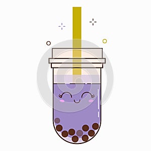 Blackcurrant bubble milk tea ads with delicious tapioca black pearls. Cute bubble tea kawaii smiled character. Taiwanese