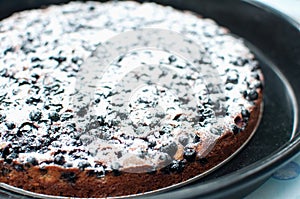 Blackcurrant tart with sugar powder on a round baking tray