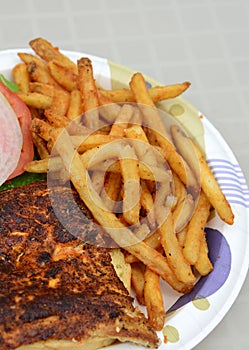 Blackened fish sandwich with fries photo