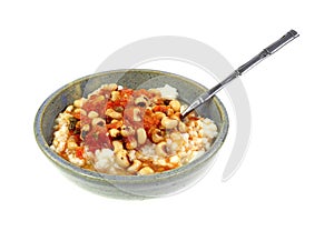 Blackeye Peas Sauce On Rice Gray Bowl Spoon Angle On White photo