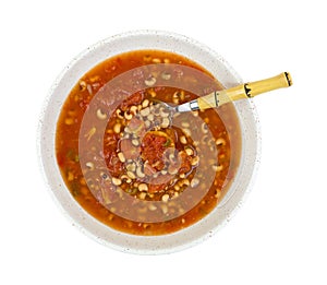 Blackeye Peas Soup In Shallow Bowl Top View With Spoon