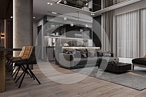 Blackish interior in Modern Apartment With Modern Furnishings, Hard wooden Floor, Mirror Ceiling, 3D rendering