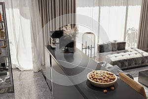 Blackish Open Kitchen interior in Modern apartment, Nuts, Dried Plants on the Kitchen Counter, Daylight. Modern Style Home Decor