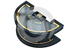 Blackjack card game table isolated on white background, top view. Black and gold style, luxury, VIP. The concept of casino,