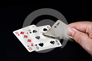 Blackjack game, winning hand. Black background