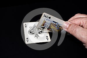 Blackjack game, winning hand. Black background