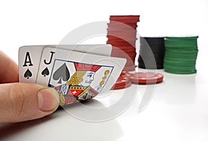 Blackjack. Human hand with blackjack cards