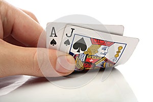 Blackjack. Human hand with blackjack cards