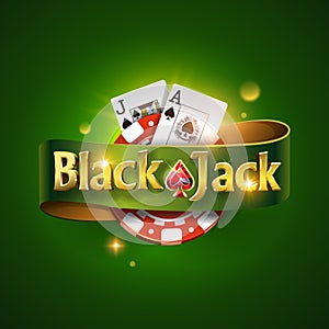 Blackjack logo with green ribbon and on a green background, isolated. Card game. Casino game