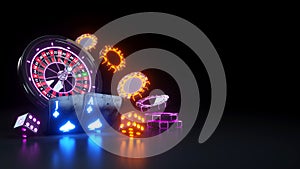 BlackJack Poker Cards and Casino Roulette Wheel Concept Design - 3D Illustration