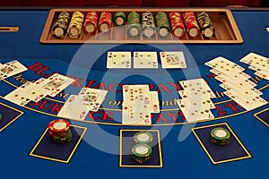 Blackjack table in casino with cards