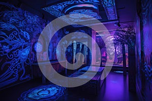 blacklight and uv-reactive art installation, with a variety of unique pieces in one room