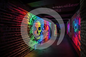 blacklight and uv-reactive graffiti on brick walls