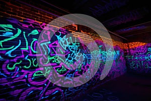 blacklight and uv-reactive graffiti on brick walls