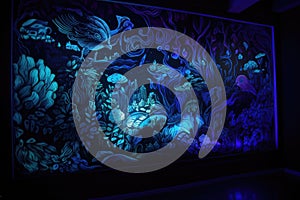 blacklight and uv-reactive mural, bringing out hidden details of a scene
