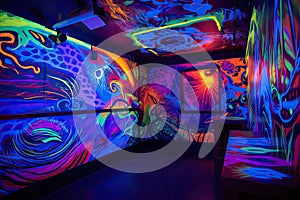 blacklight and uv-reactive mural on a darkroom wall, with reflections and light streaks