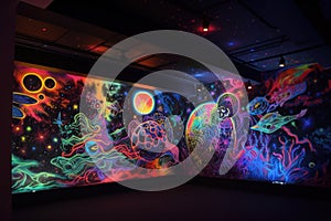 blacklight and uv-reactive mural, depicting the night sky with stars and planets