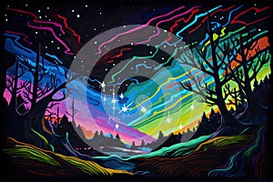 blacklight and uv-reactive painting of abstract landscape, with night sky and shining stars visible