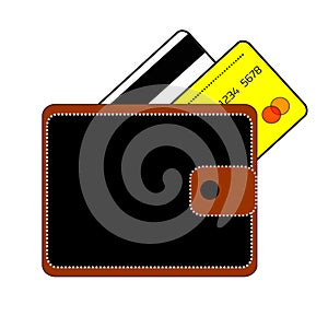 blackly the brown purse with the button and two credit cards are bank white and yellow on a white background