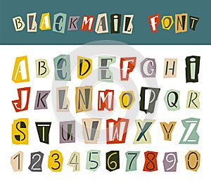 Blackmail alphabet. Ransom letter style abc, anonymous criminal letters and numbers. Typography elements cut from