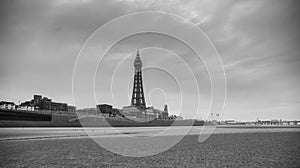 Blackpool beach pier black and white