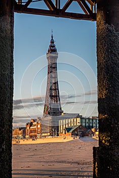 Blackpool Tower at sunset with beach