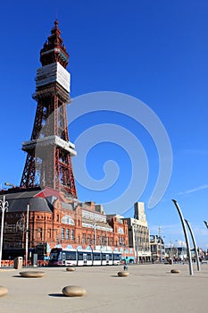 Blackpool Tower with tram passing, Lancashire, U.K