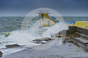 Blackrock diving board at Salthill, Co. Galway during a storm