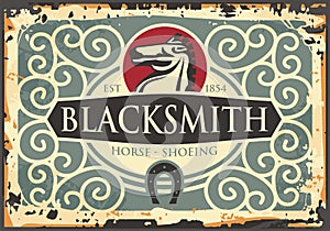 Blacksmith antique sign with horse graphic and horseshoe icon