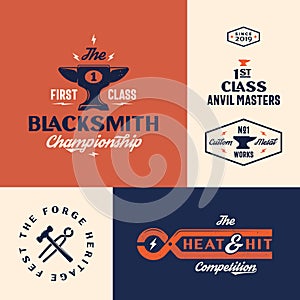 Blacksmith Championship Abstract Vector Vintage Signs, Emblems or Logo Templates Set. Cup or Goblet Looking Anvil Icon