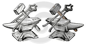 Blacksmith craft concept. Anvil, hammer, tongs. Metal working tools. Hand drawn sketch vintage vector illustration