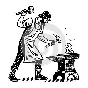 Blacksmith Creating Artwork with Hammer and Anvil in Fiery Forge Setting photo