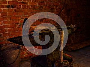 Blacksmith forge. 3D illustration of an anvil with hammer, sledgehammer and tongs in a forge with a blurred brick wall, bucket, le