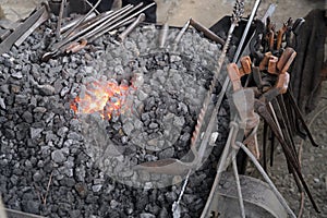 Blacksmith forge with tools