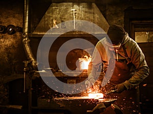 The blacksmith forging the molten metal on the anvil in smithy