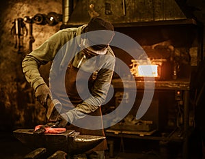 The blacksmith forging the molten metal on the anvil in smithy