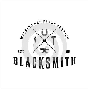 blacksmith hammer anvil tongs horseshoe logo vintage vector illustration template icon design. welding and forge service for