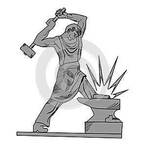 Blacksmith with hammer beating on the anvil. Vector illustration