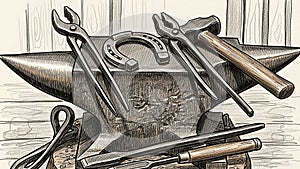 Blacksmith Tools Arranged on Anvil in Rustic Workshop Setting