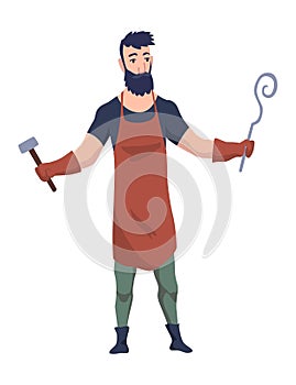 Blacksmith worker. Craftsmanship making steel tools. Character with hammer making goods in foundry workshop. Worker