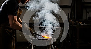 Blacksmith working with fire and smoke in a dark workshop